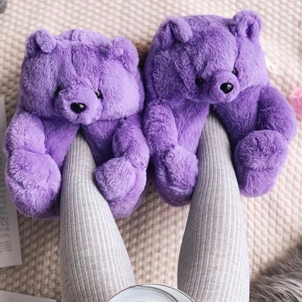 Purple Teddy Bear Plush Slippers